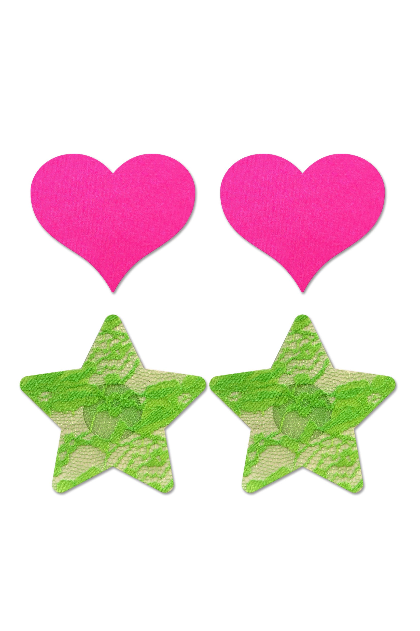 Fashion Pasties Set - Neon Pink Satin Heart and  Neon Green Lace Star FL-FLA102NEON